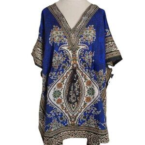 Vintage Dashiki Top African Tunic Blouse Shirt Tie Waist Swim Cover Boho